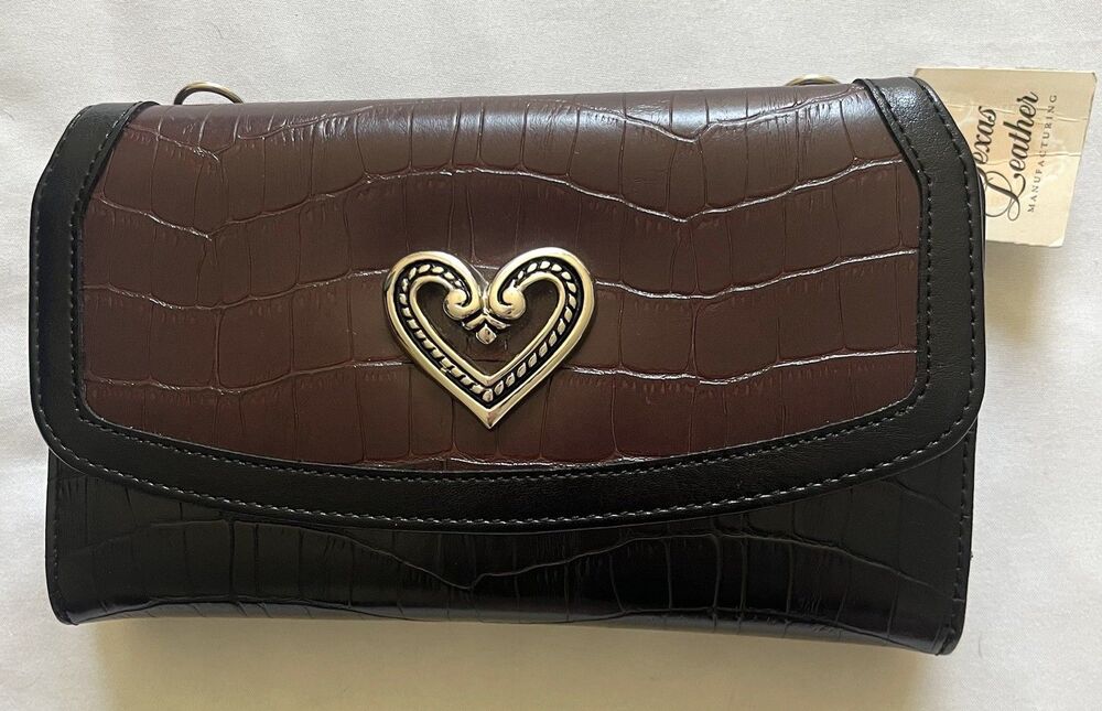 Texas Leather Manufacturing Wallet Women Brown Black Croc Crossbody Clutch NWT